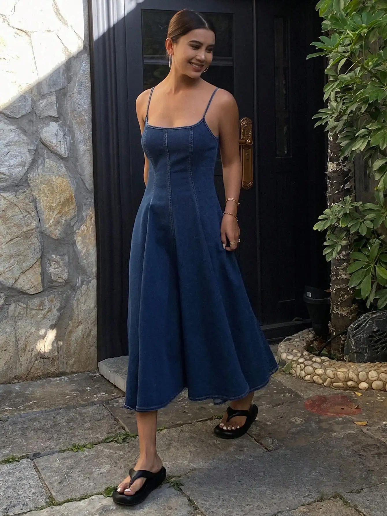 

Women's Denim Pleated A-Line Maxi Dress Casual Sundress