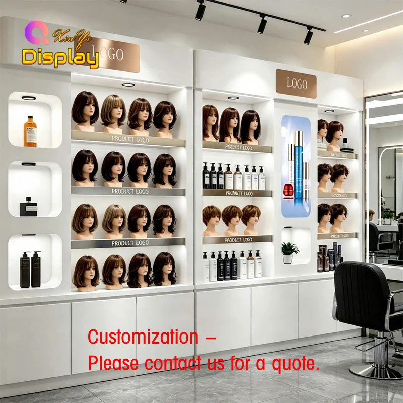 custom.Multi-Functional LED Lighting Hair Salon Showcase Display Cabinet with Drawers Storage and Durable Customiza
