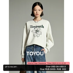 Toyouth Women Fleece Sweatshirt 2023 Winter Long Sleeve Round Neck Loose Exquisite Lily Embroidery Casual Four Colors Pullover