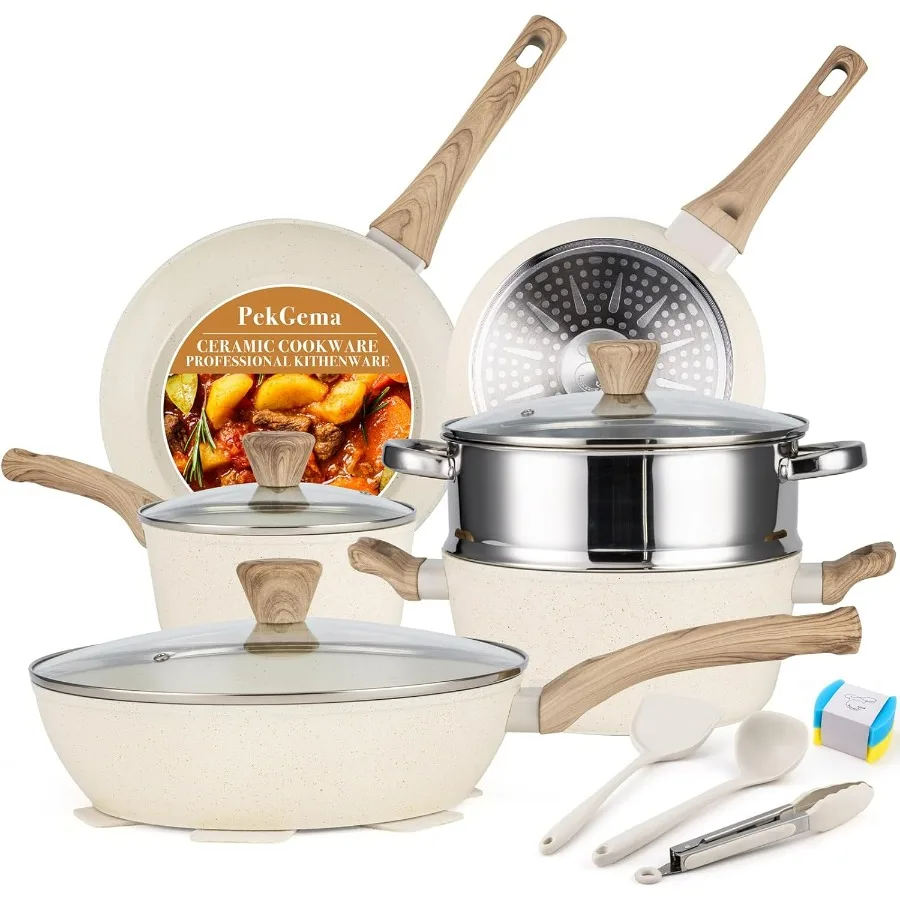 

14 Pcs Ceramic Cookware Sets Pots and Pans Set Nonstick Non Toxic Healthy Non stick Kitchen Cooking Set for Home Use Induction