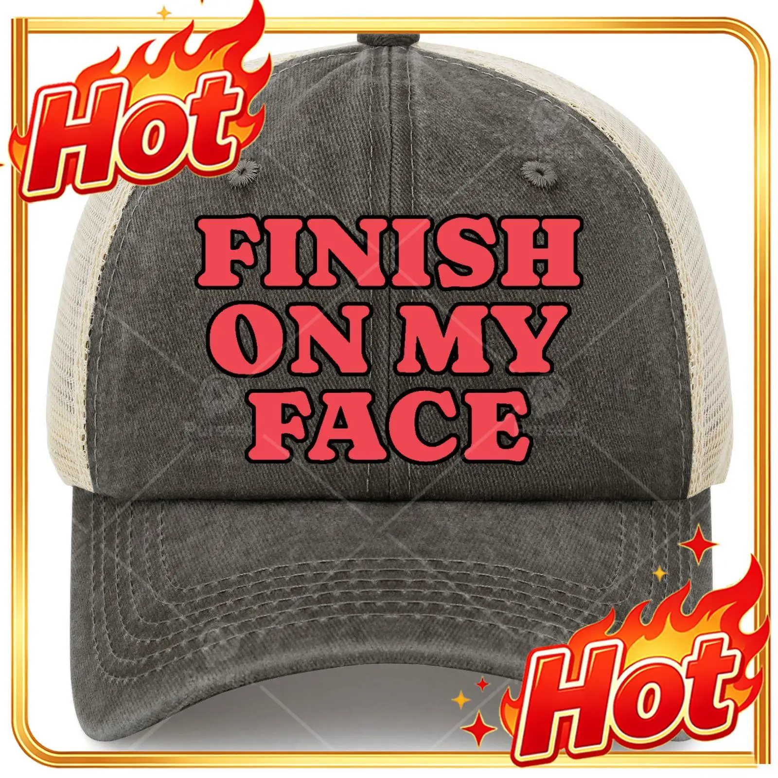 Custom Hat 1 Finishs On My Face Submissive Trucker Hat | Unisex, Fabric, Breathable, Graphic Print, Fitted, Buckle Closure, Hand