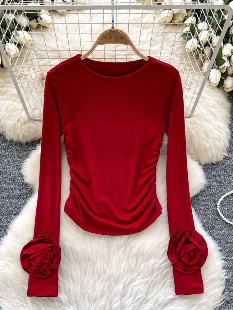 Long Sleeve 3d Flower T-shirt Women Clothing Tunic Solid Colot Korean Tees 2026 Ropa Mujer Fashion Slim Fit Pleated Y2k Tshirts