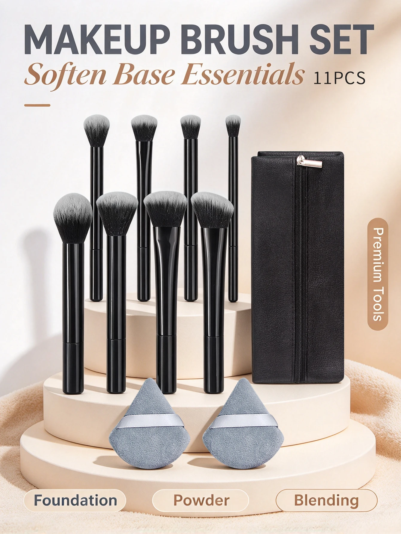 11Pcs Makeup Brush Set, 8 Soft Fluffy Brushes + 2 Cosmetic Puffs with Zipper Storage Bag, Portable Travel Beauty Tools