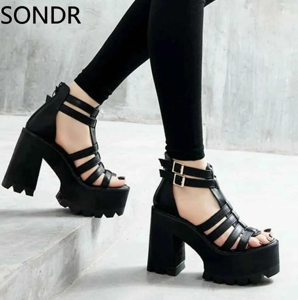 Womens Roman Buckle Strap Cut Out Chunky Heels Platform Punk Black Sandals Zip Roma Shoes Roman Gladiator