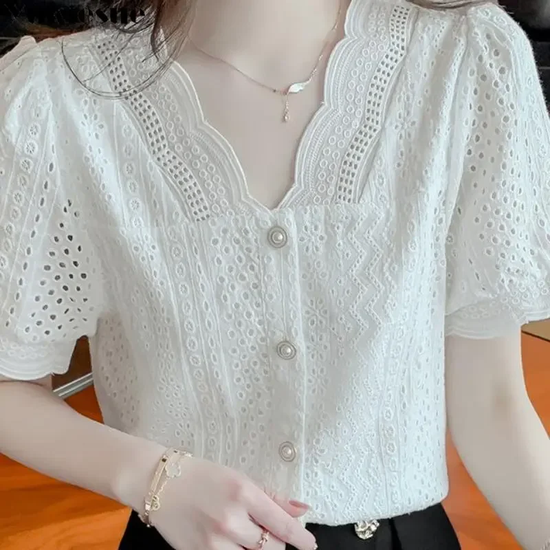 

2023 Summer Fashion Korean Leisure Harajuku Females V-neck Tops Vintage New Puff Sleeve Shirts Women Solid Elegant Sweet Lovely