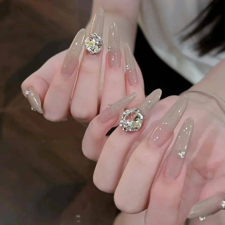 24pcs Press On Nails Nude Gradient Luxury Big Rhinestone Diamond Fake Nail Long Stiletto Full Coverage Nail Tips for Women&Girl