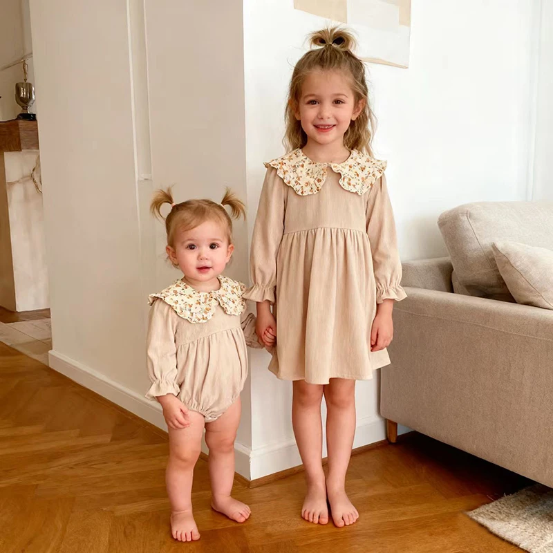 New Autumn Children Clothes Sisters Girl Party Princess Dress Corduroy Flower Collar Dress Baby Girl Romper Kids Sisters Dresses