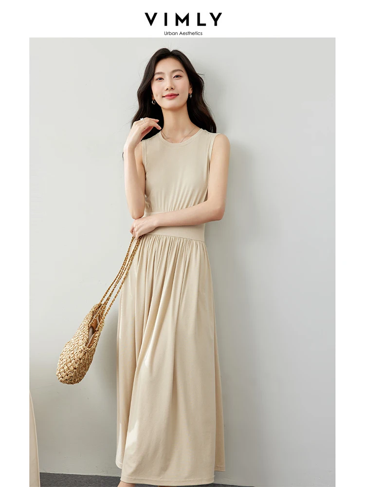 VIMLY Lyocell Sexy Casual Basic Sleeveless Dress For Women Summer Elegant Draped Skinny French Style Solid Dress M7287