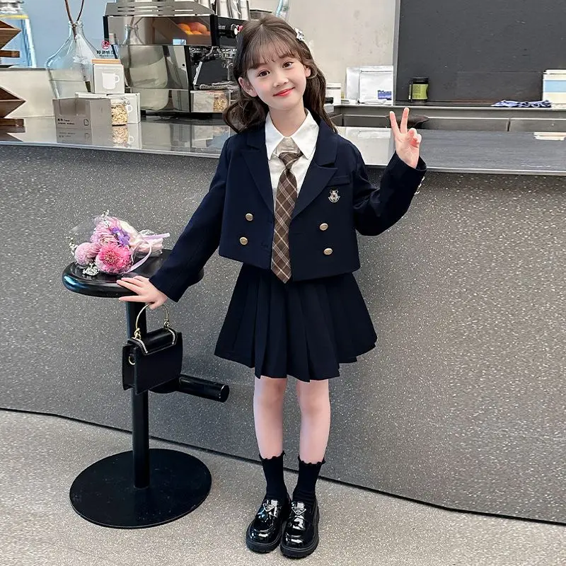 

Girls' Autumn Clothing 2026 New Kids' Trendy Blazer Clothing Set Children's Spring College Style JK Uniform Coat Skirt Set LI796