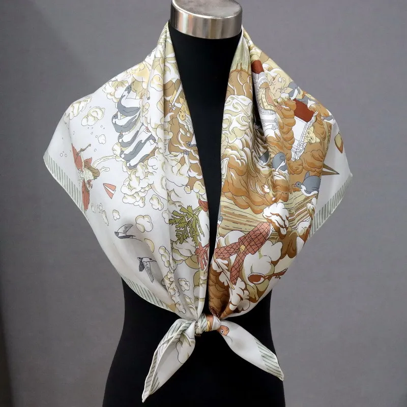 2 Sides 90 Silk Scarf Neckerchief 2023 Designal Square Silk Shawl Echarpe 18mm