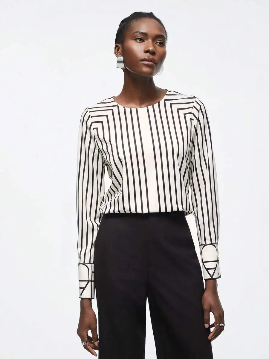 

Women Vertical Striped Round Neck Blouse Office Business Casual Elegant Top