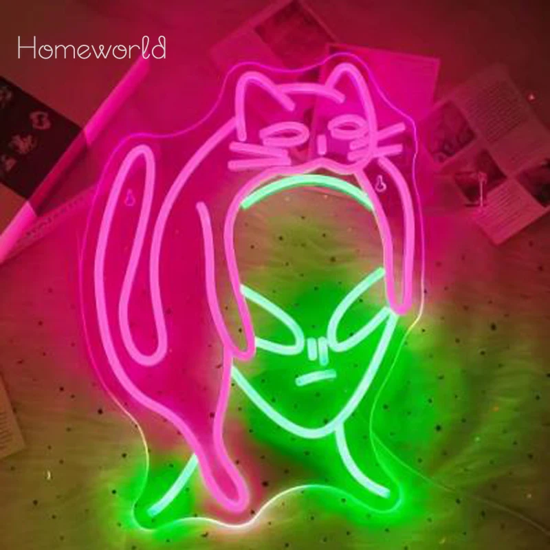 Aliens Cat Neon Sign Funny Green Aliens LED Neon Light Sign For Art Wall Decorations Game Room Party Birthday Gifts Home Decor