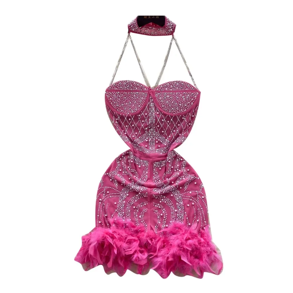 Hotsweet bez rękawów Vintage Halter Chic haftowany koralik Rhinestone pióro łączone wąska sukienka ołówkowa główna ulica odzież damska — zdjęcie 2