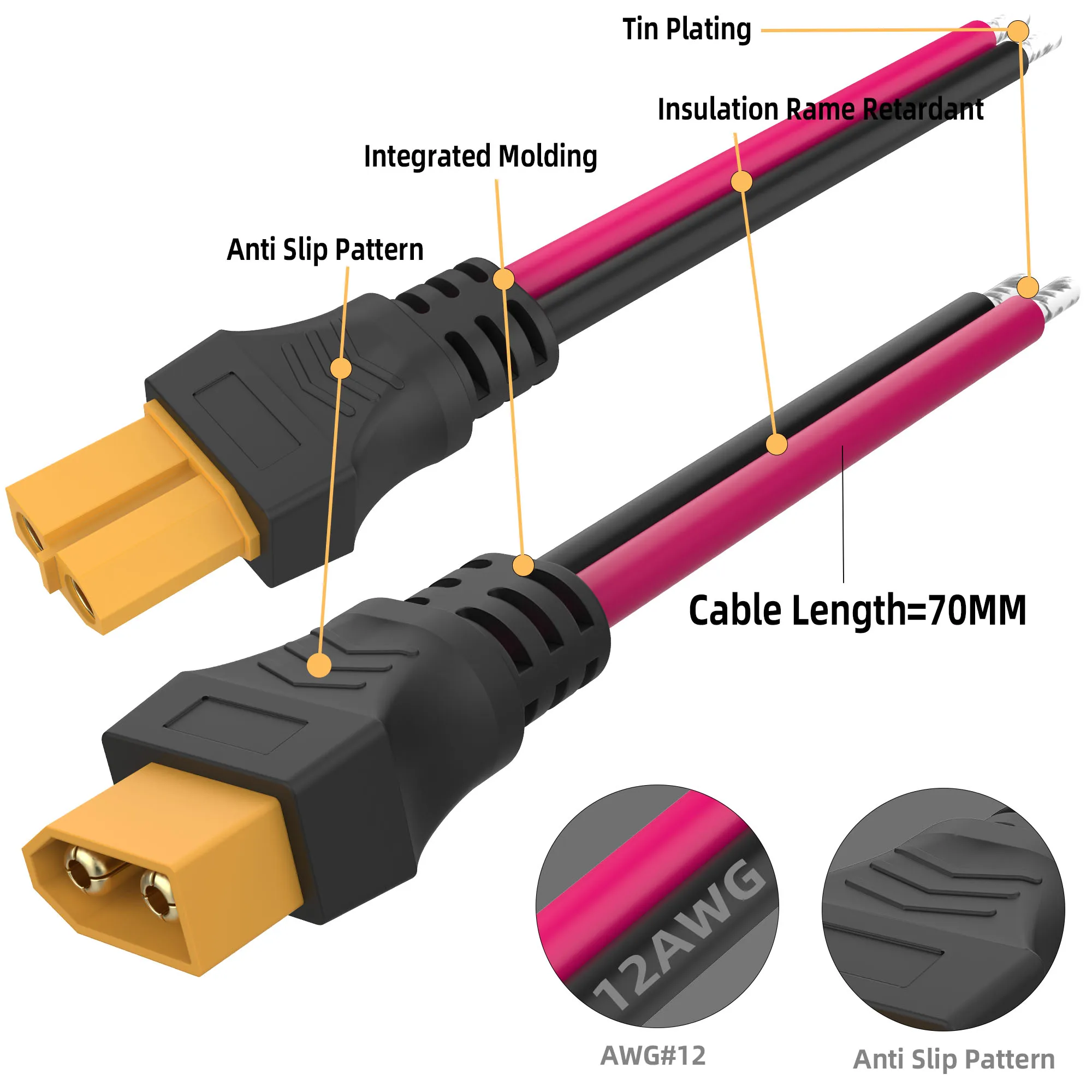 XT60 Plug Connector Female and male, with 12AWG Silicon Wire, for Balancing Cars, Drones, Toy Cars, Lithium Batteries and More