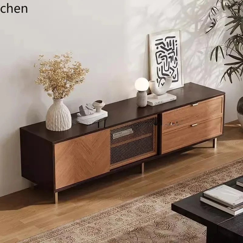 Vintage Style Copper Mesh TV Coffee Table Simple TV Cabinet Home Living Room Retro TV Cabinet Floor-standing Solid Wood