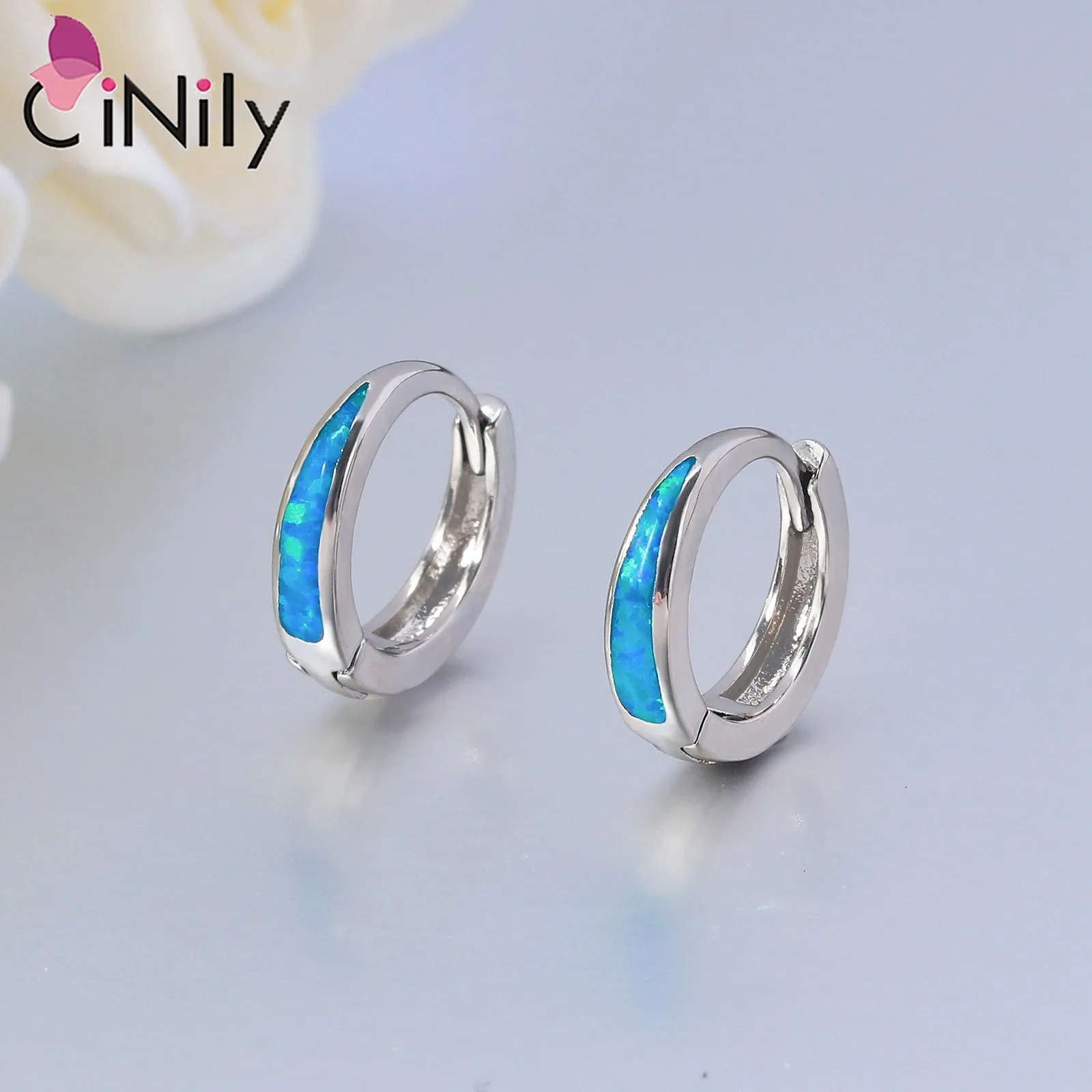 CiNily Weiß/Blauer Opal-Ohrringe für Damen, 14 Karat weiß plattiert, kleiner Creolen-Ohrring, Schmuck, Geschenke für Muttertag, Geburtstag, Alltag