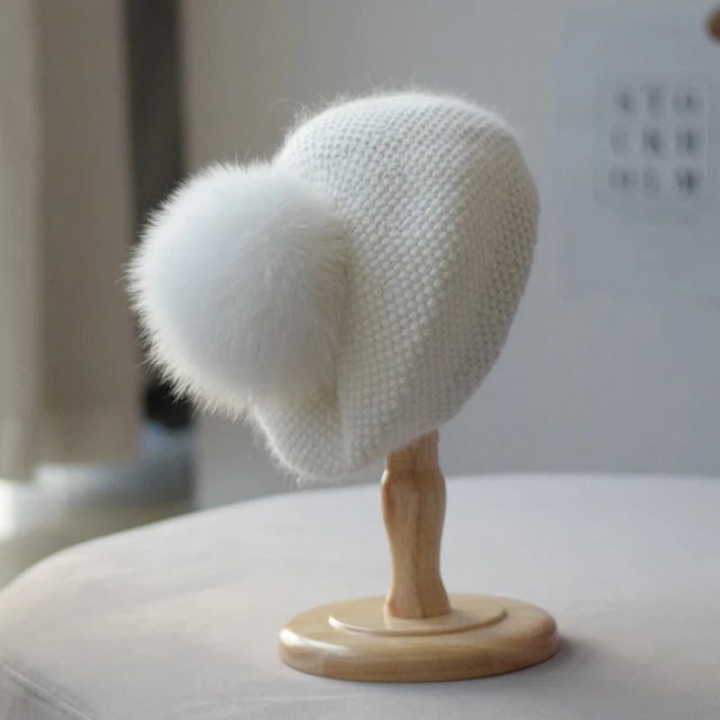 Women Beret Hat Winter Real Fox Fur Pompom Angora Knit Warm Accessory For Autumn Cold Weather Sport Skiing Outdoor Luxury