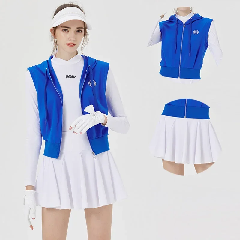 Blktee Women Sleeveless Golf Jacket Windproof Hooded Vest Ladies Slim Anti-light Skirt Elastic Pleated Sport Culottes Golf Suits