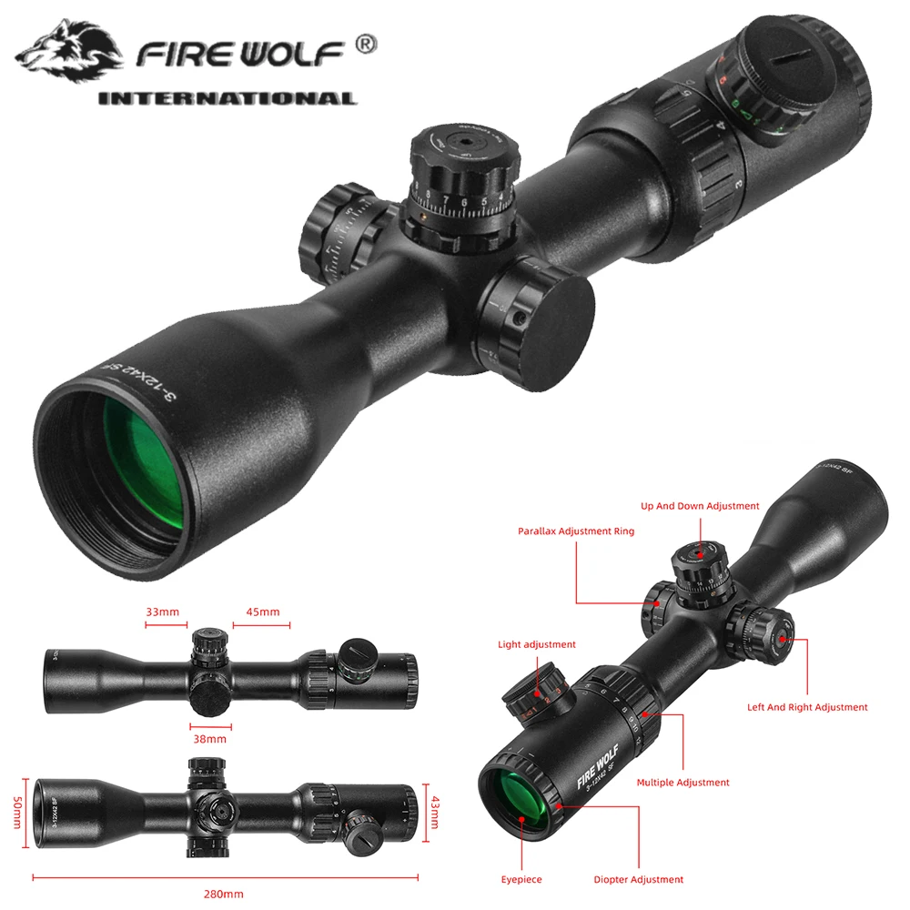 FIRE WOLF 3-12X42 SF hunting airsoft optical sight tactical rifle mirror, waterproof sniper mirror with red and green lighting