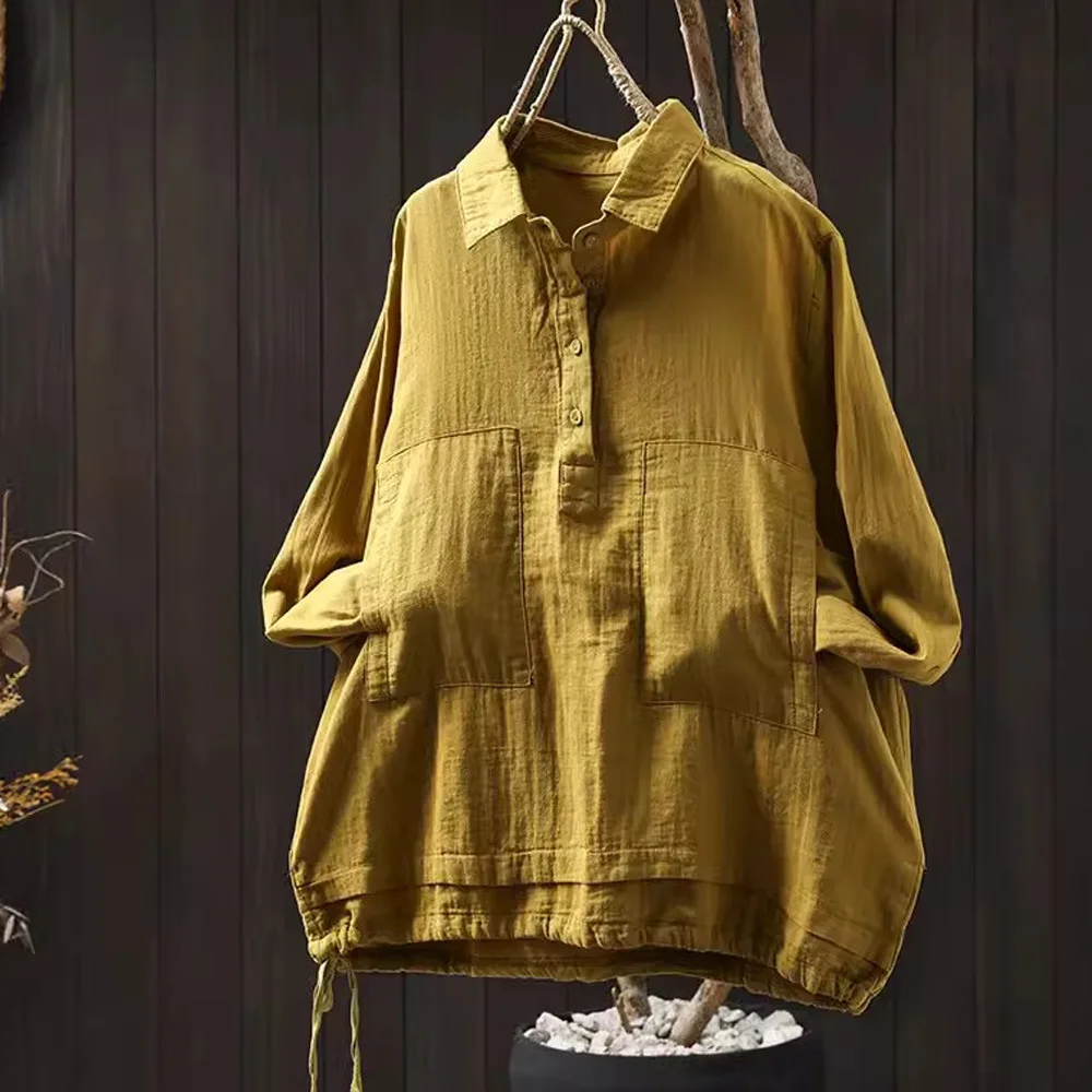 100% Cotton yarn solid shirts long sleeve blouses for women Japan style autumn loose shirts large size tops oversized shirts