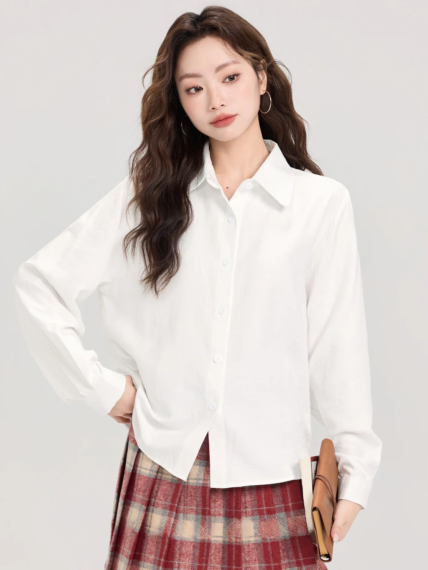 

Mii Xiao Ke White Long Sve irt Women's Inner Wear Layering Ele Slimming Top Sweet Sle Loose Fit Collar