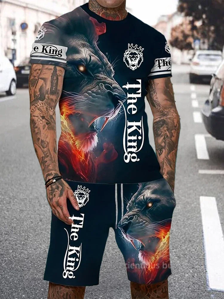 2024 Men\'s Summer Casual Daily Short Sleeve and Shorts 3D Set Cool Lion King Printed T-shirt and Drawstring Shorts Set