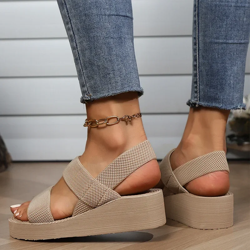 Sandali con zeppa con cinturino alla caviglia minimalista Scivoli leggeri estivi all'aperto Tinta unita con fondo spesso Scarpe da donna Sandali femminili