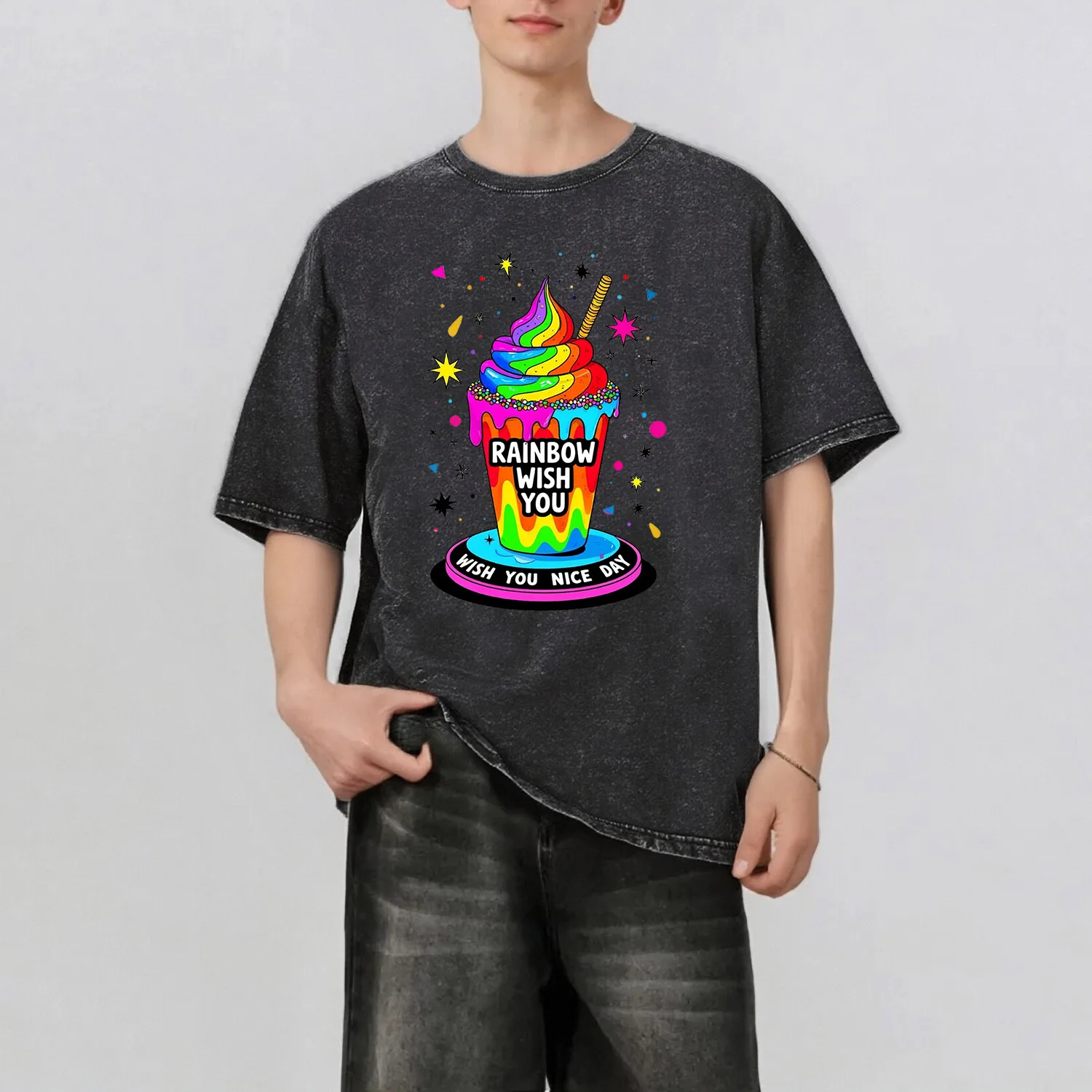 

Ice Cream Cone Pattern Rint Men's Summer Retro Style Washed Water T-Shirt Casual Short Sleeved Basic Men's Top 230G