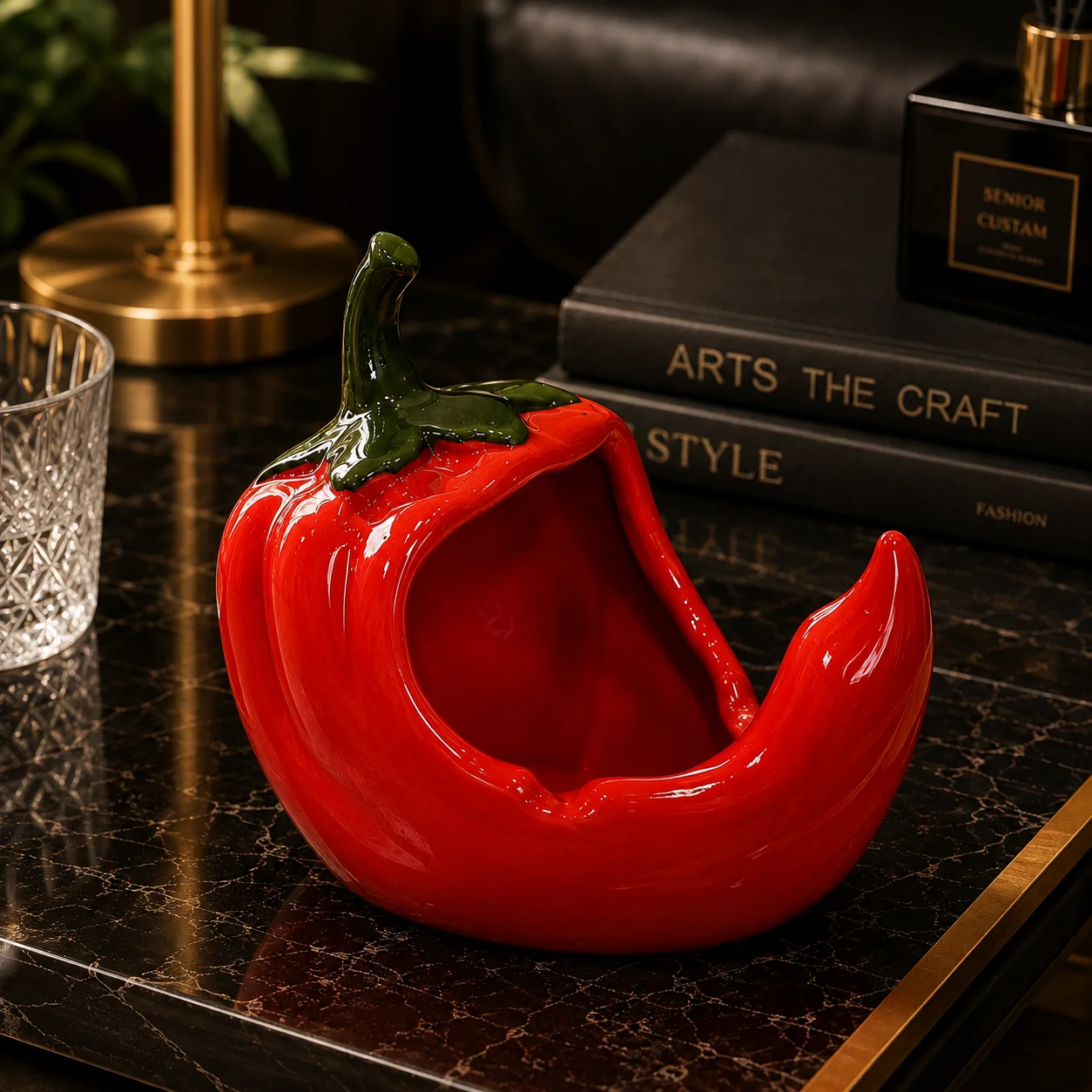 Chili Pepper Shaped Red Ceramic Ashtray Handmade Glossy Desktop Tray Home Office Coffee Table Living Room Decor Ornament