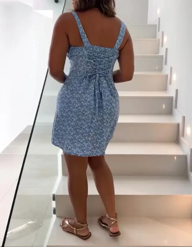 فستان ميدي امرأة الصيف عادية المرأة U الرقبة بروتيل الطازجة الأزهار طباعة زهرة طباعة الدانتيل يصل فستان عطلة امرأة