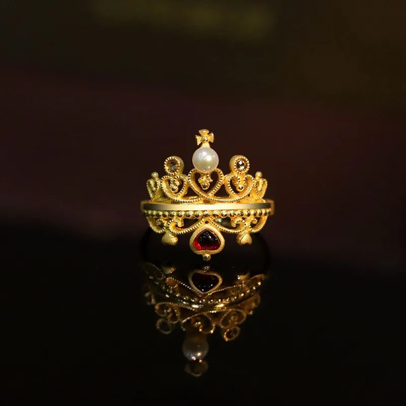 Fashion Jewelry Accessories Wholesale Korean Red Crystal Crown Original Design Adjustable Ring for Women Vintage Knuckle Ring