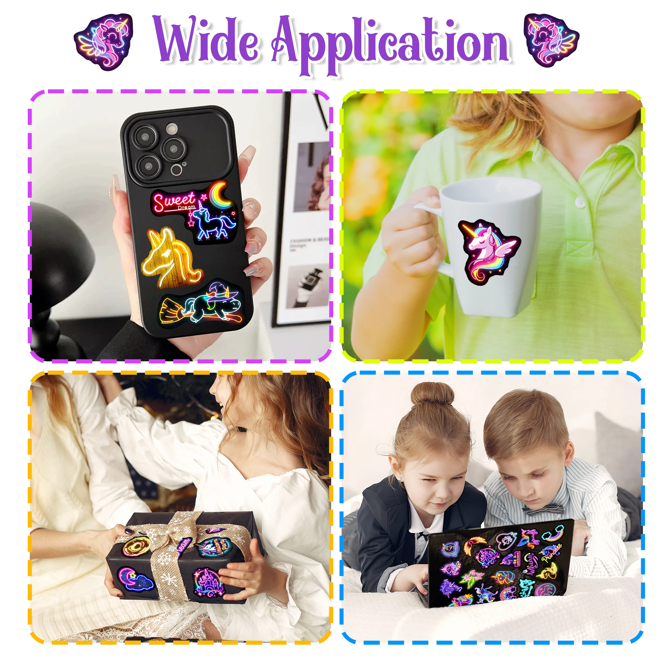51 szt. Neonowych Naklejek Jednorożców dla Dzieci Świecących w Ciemności, Naklejki Tęczowe na Butelki z Wodą, Wodoodporne Naklejki Winylowe na Laptopa