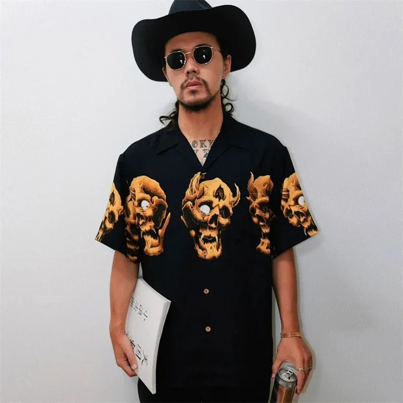 New WACKO MAR Autumn Skeleton Ghost Head Printing Shirt Men Woman Summer Casual Hawaiian Style Short Sleeve