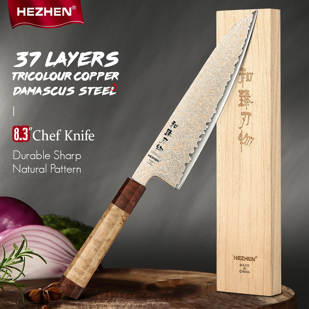 HEZHEN 8.3 Inches Chef’s Knife 37-layer Tri-color Copper Damascus Steel Cook Knife Sharp Kitchen Tools Chinese Slicing Knife