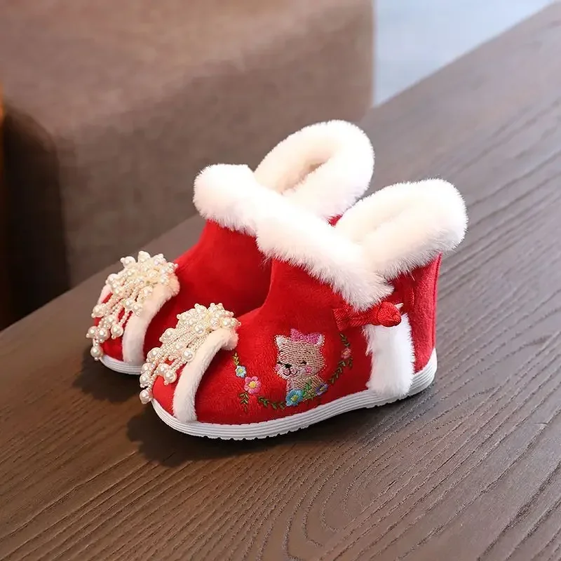 Winter Thicker Hanfu Shoes Baby Girls Children Chinese Embroidered Shoes Infants Warm Hanfu Pink Red Shoes For Kids Girls