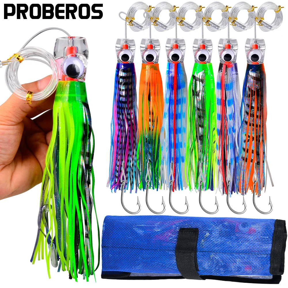 

PROBEROS Squid Shape Hook Trolling Lures Realistic Resin Head Colorful Skirt 6PCS/Set Artificial Bait Tuna Seawater Fish Lures