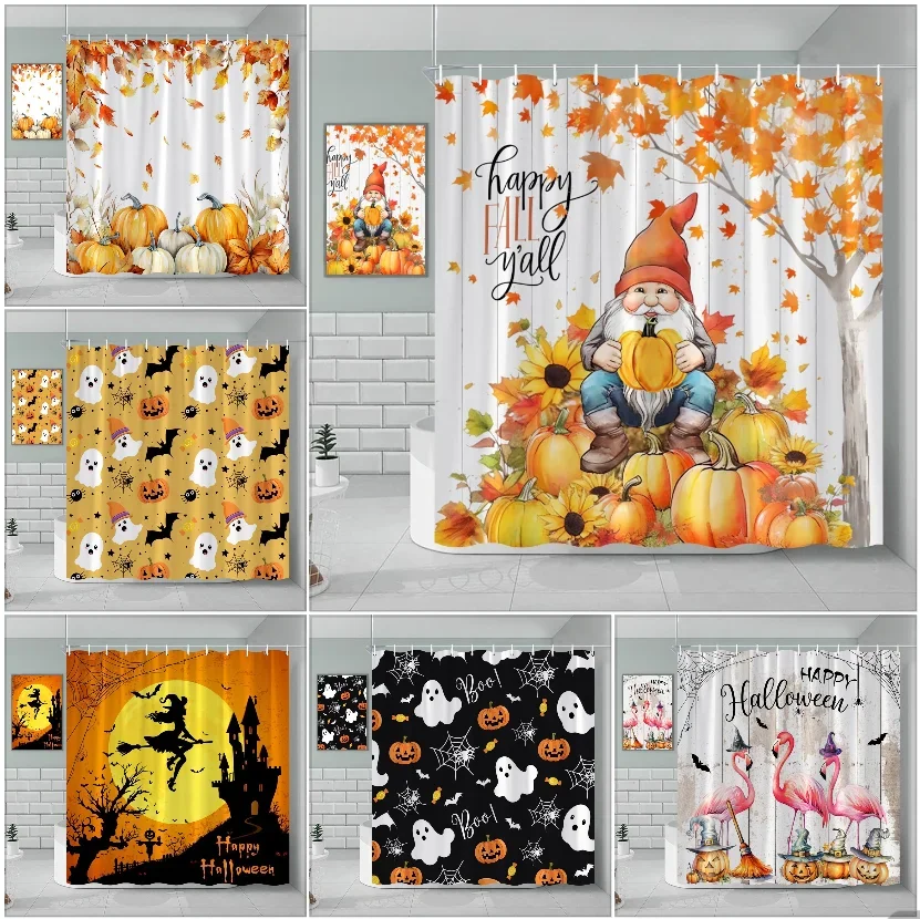 Halloween Shower Curtain Autumn Pumpkin Farm Cars Maple Leaf Bat Castle Witch Ghost Skeleton Bathroom Decorative Shower Curtains