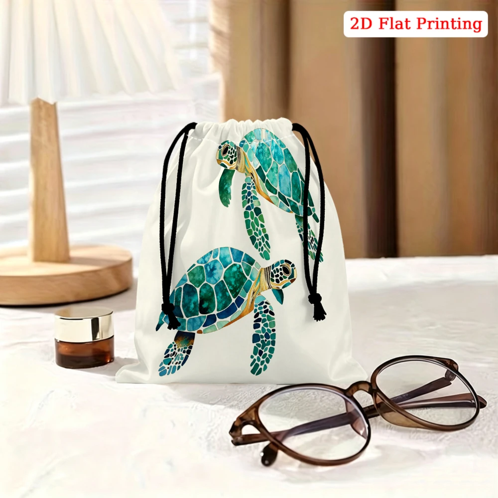 1Pc Sea Turtle Print Drawstring Bag White Storage Small Pouch For Travel Cosmetics Glasses Organizer Portable Lightweight Access