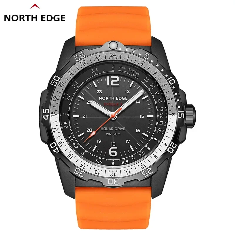 

NORTH EDGE Evoque2 Men's Solar Sport Watch with Silicone Strap Tachometer Chronograph Rotating Ring Waterproof Design