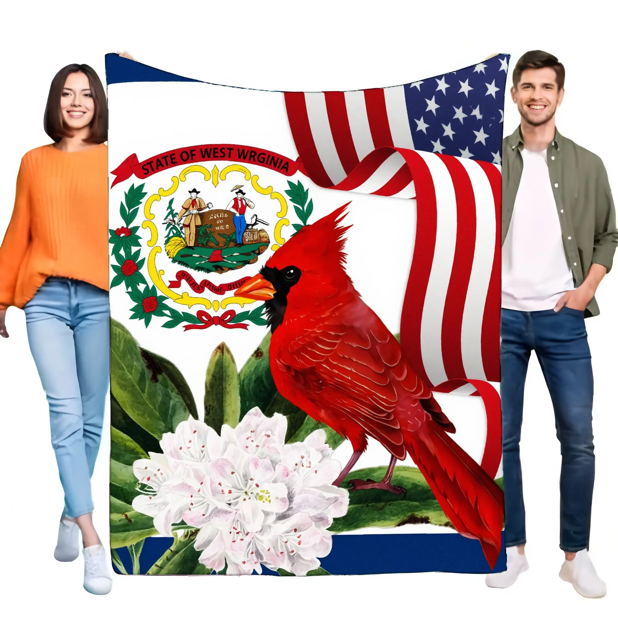 بطانية علم ولاية فيرجينيا الغربية بتصميم العلم الأمريكي، رمي دافئ ناعم ومريح يتميز بختم الدولة وطيور الكاردينال للمنزل