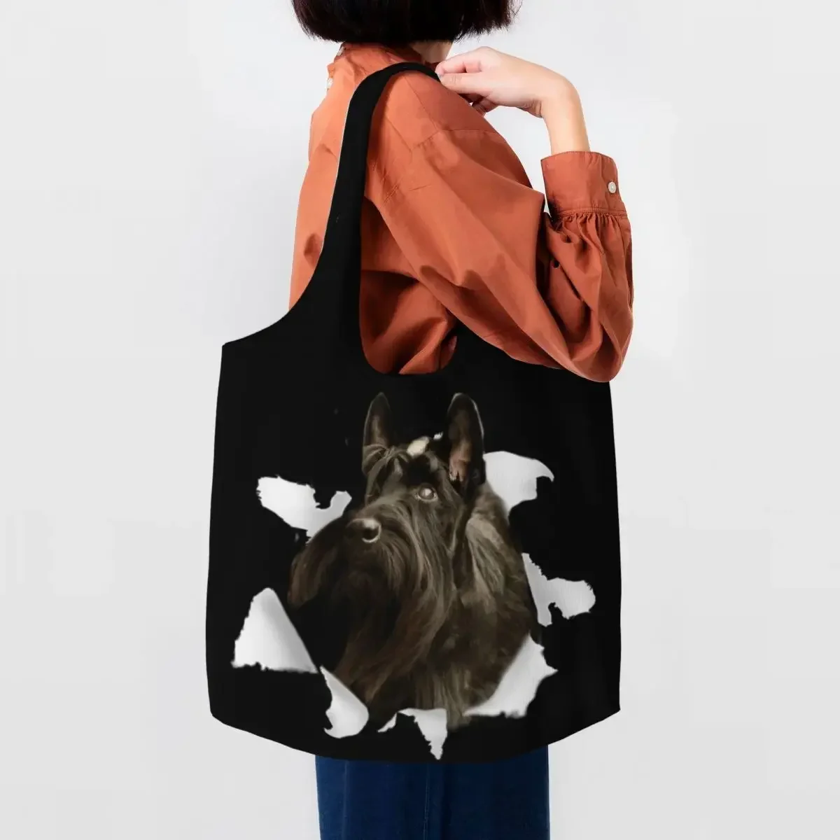 Custom Scottish Terrier Dog Canvas Shopping Bags Women Durable Large Capacity Grocery Scottie Tote Shopper Bags Handbags Gifts