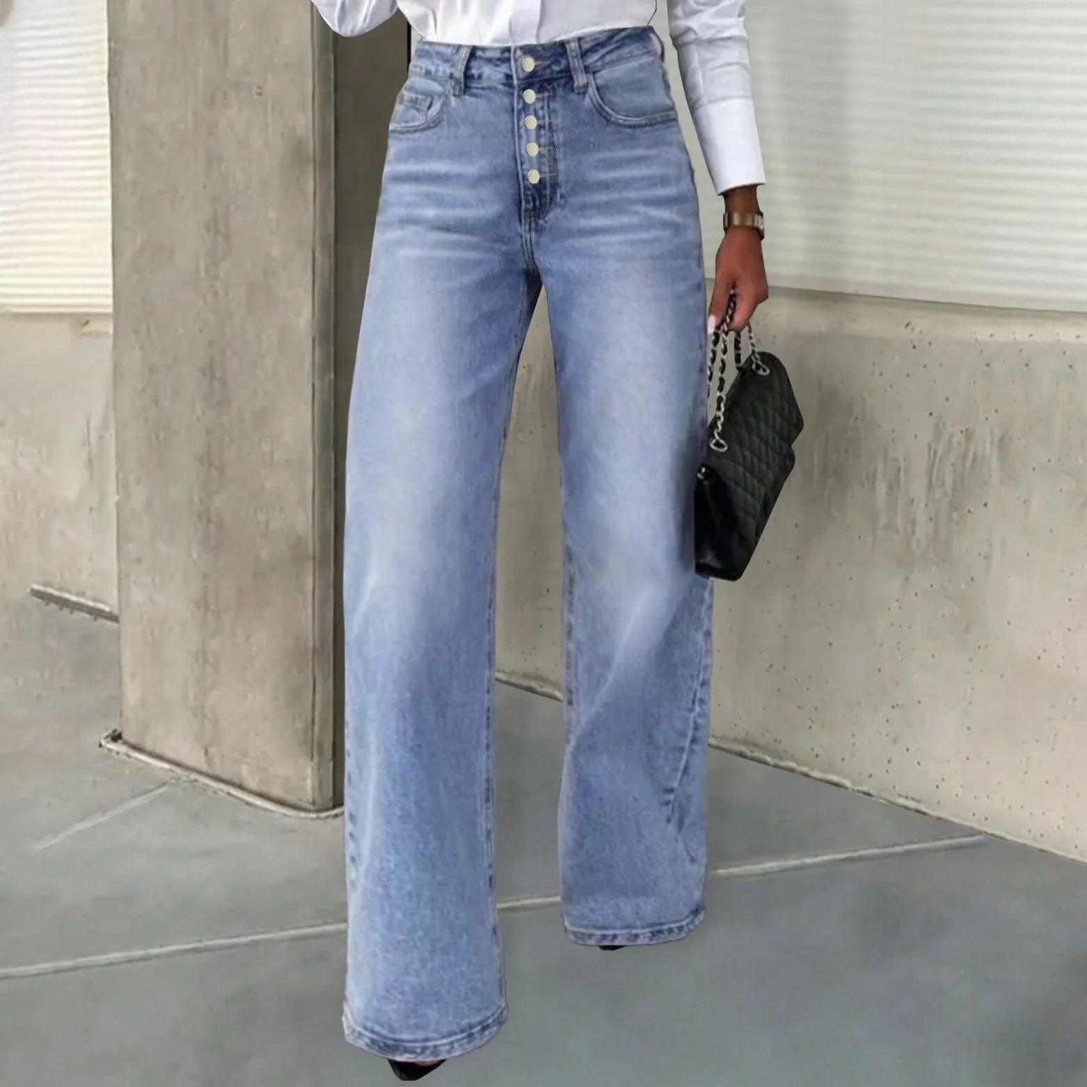 

Women Stretch Denim Jeans High Waist Button Pockets Jean Trousers Ladies Casual Straight Pants