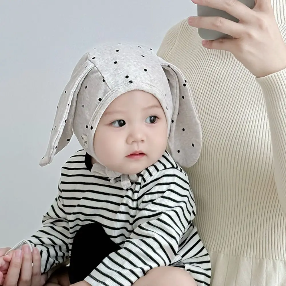 

Cartoon Cute Baby Fetal Cap Polka Dot Cartoon Newborn Rabbit Ear Beanie Hat Soft Tie Strap Infant Bonnet Hat Toddler