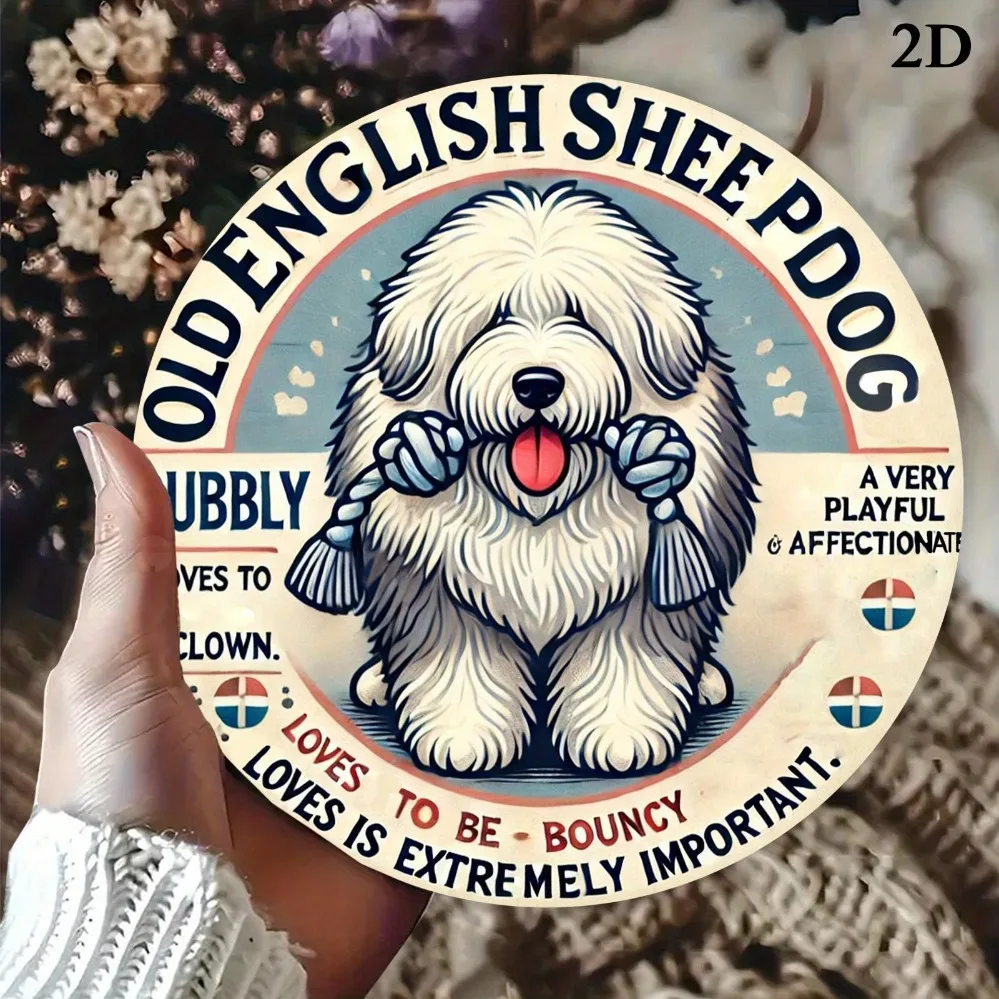 Old English Sheepdog 2D Flat High Definition Metal Wall Art Cute Fluffy Bobtail Puppy Vintage Typography Pet Lover Quote Bouncy