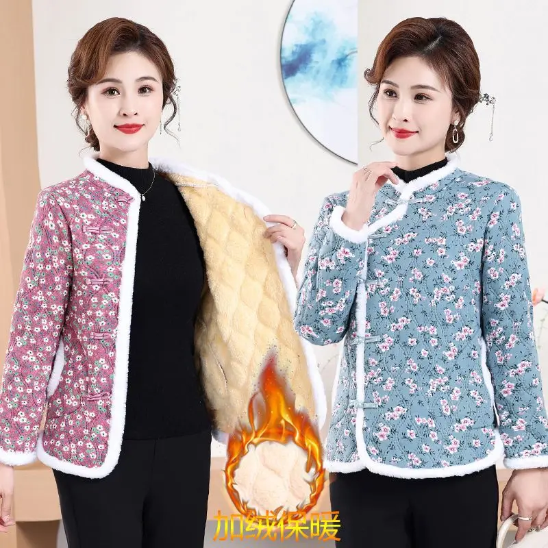 

Хлопковое пальто с цветочным принтом в народном стиле для больших размеров, утолщенное зимнее пальто в стиле ретро | Теплая стеганая куртка для пышных женщин