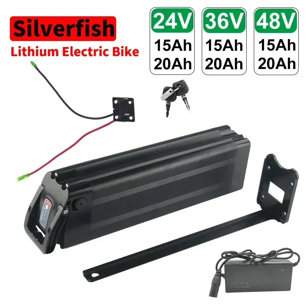 18650 48V 36V 24V 15A 20A 800W 500W Silver Fish Lithium Ion Battery Pack+Charger suitable for lithium-ion electric bicycles