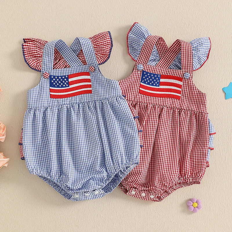 Macacão infantil para meninas, dia da independência, recém-nascido, sem mangas, xadrez, bordado, bandeira, 4 de julho, roupas