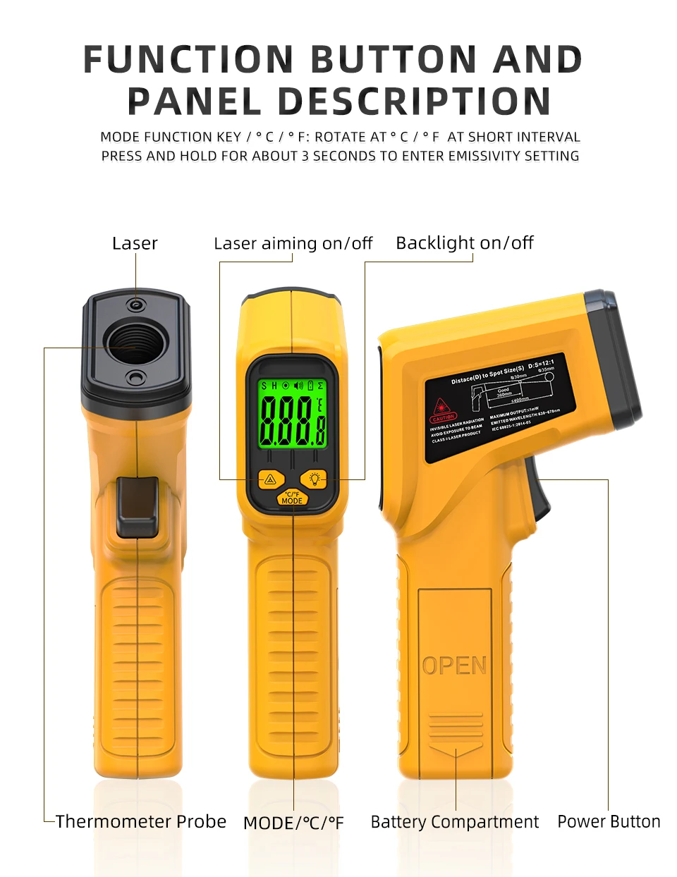 BSIDE Infrared Thermometer -50~530C  Meter Non-contact Laser Thermometers Pyrometer Professional 12:1 Digital IR-LCD Temperature