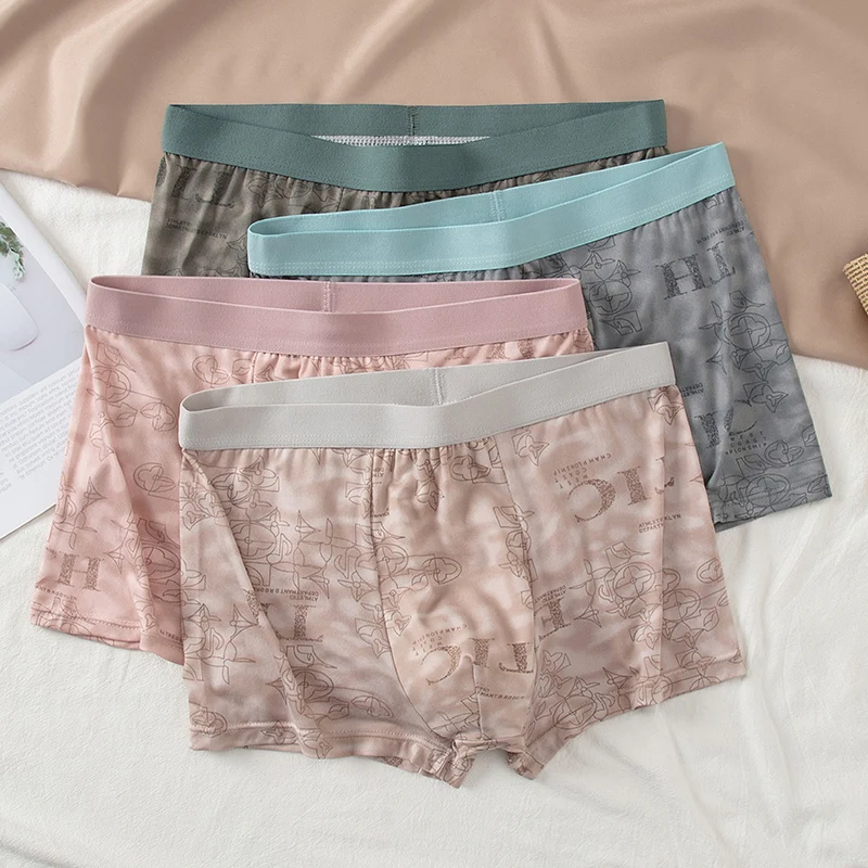 4-piece men\'s European and American size fashion printed boyshort comfortable breathable plus size youth elastic waist underwear