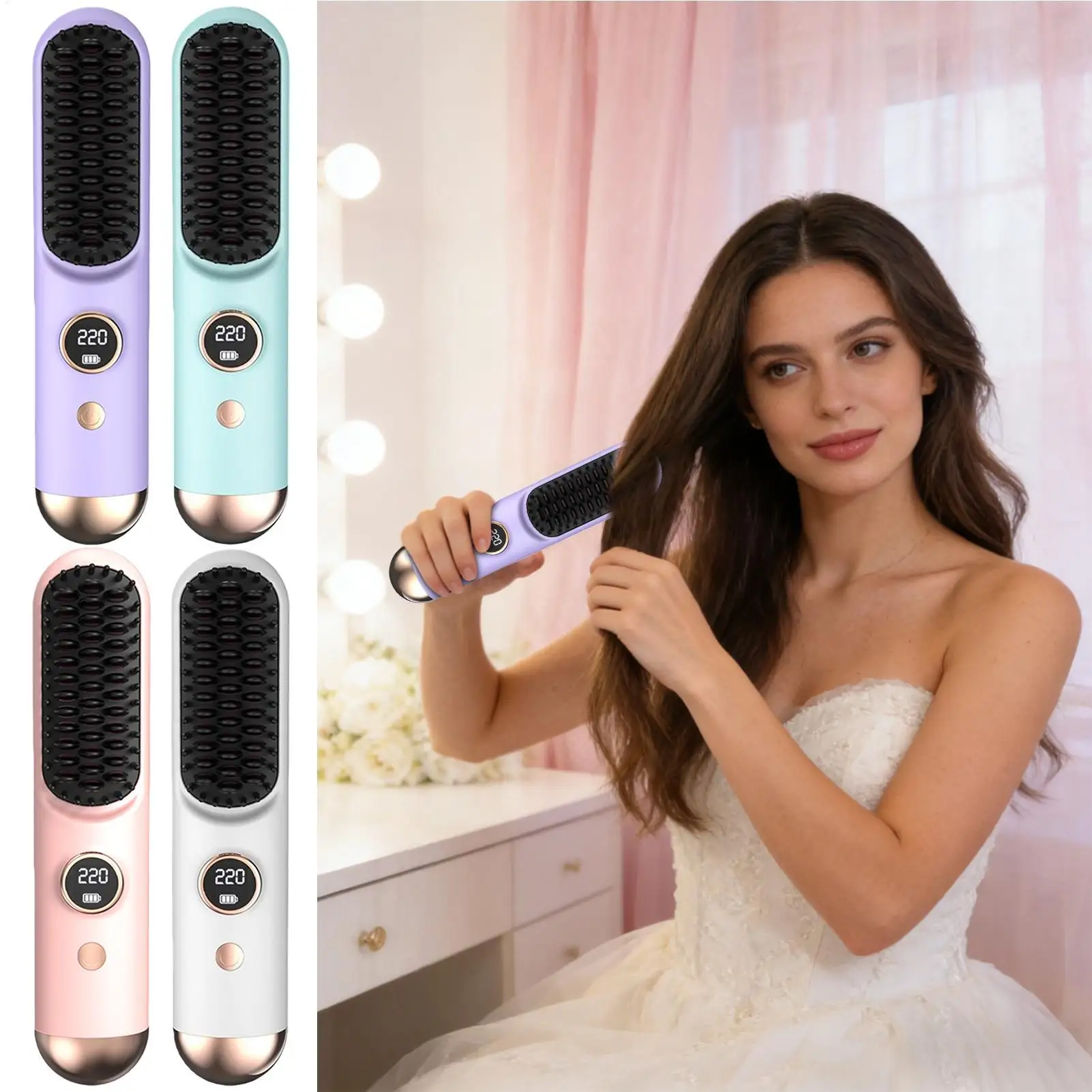 コードレスヘアストレートナーブラシ-9段階ポータブル高速加熱-35w-コードレスホームサロンストレートブラシ-休暇用